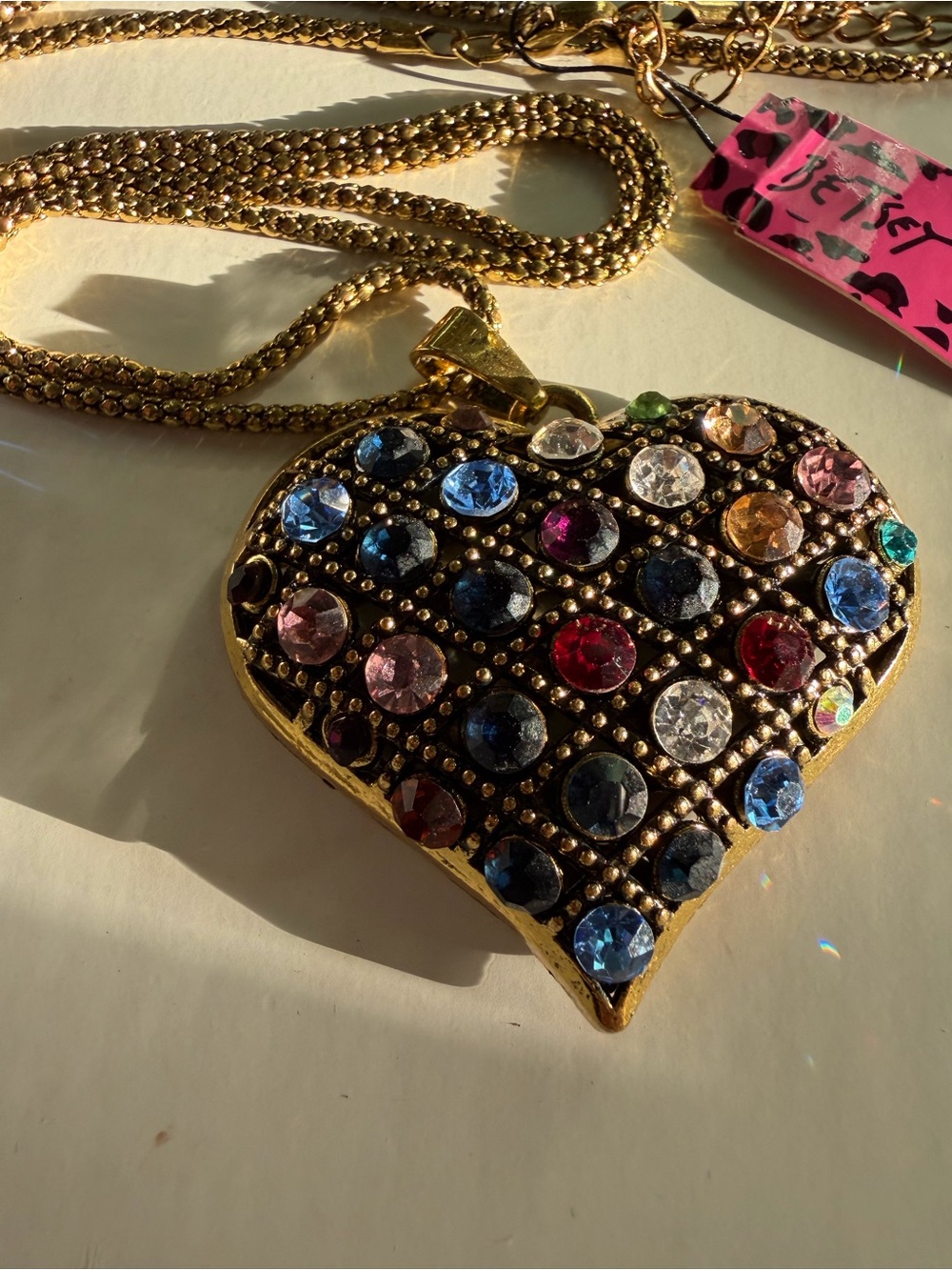 Betsey Johnson Gold Multicolor Crystal Heart Locket Necklace 30” - Picture 8 of 11